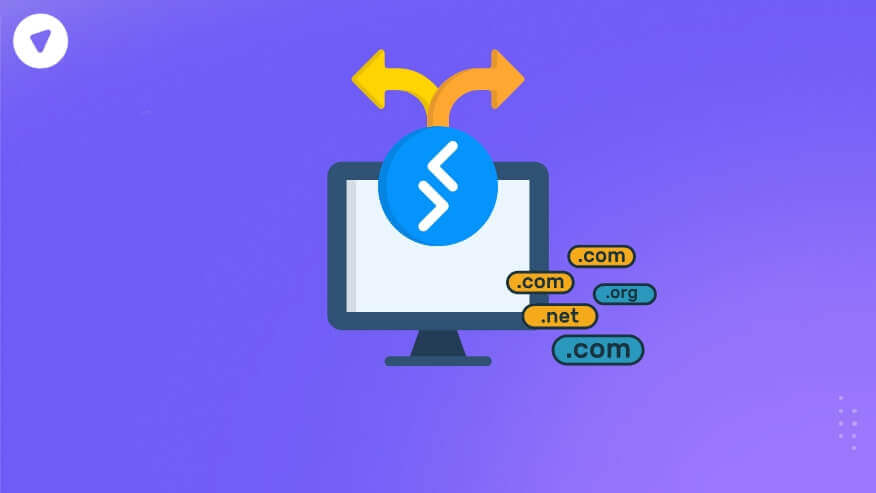 Illustration of a computer screen with an RDPHosting logo and domain extensions (.com, .net, .org), symbolizing the concept of rdphosting hostname and remote access management.