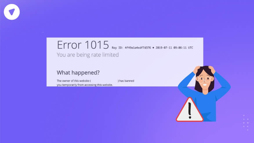 An illustration showing an "Error 1015" message indicating rate limiting, with a worried person holding their head and a warning sign, symbolizing website access issues.