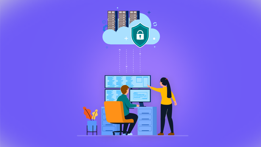 Two people working in front of a large screen with a cloud and lock icon above, symbolizing cloud data security and management