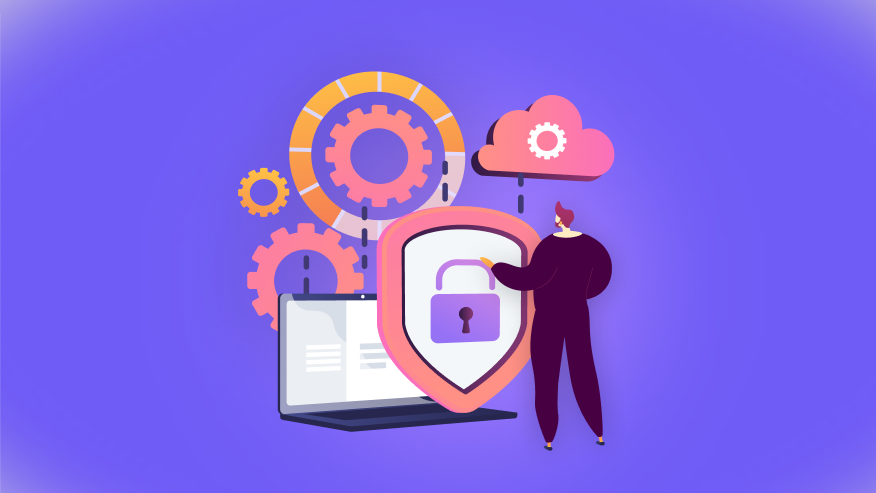 Person standing beside a laptop with a lock shield, gears, and cloud icons, representing secure cloud computing and data protection