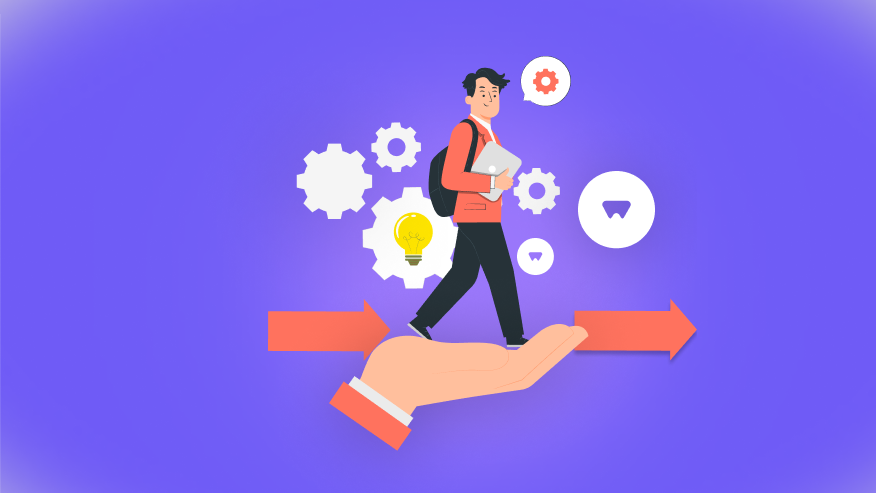 Illustration of a person walking on a hand while holding a laptop, with gears and lightbulbs in the background, symbolizing guidance and innovation in technology