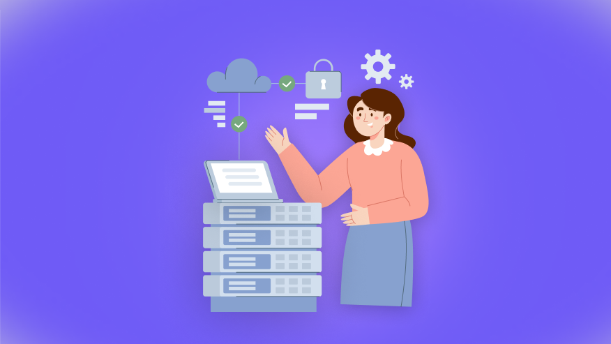Woman standing beside a server rack with cloud and lock icons, representing cloud data security and protection