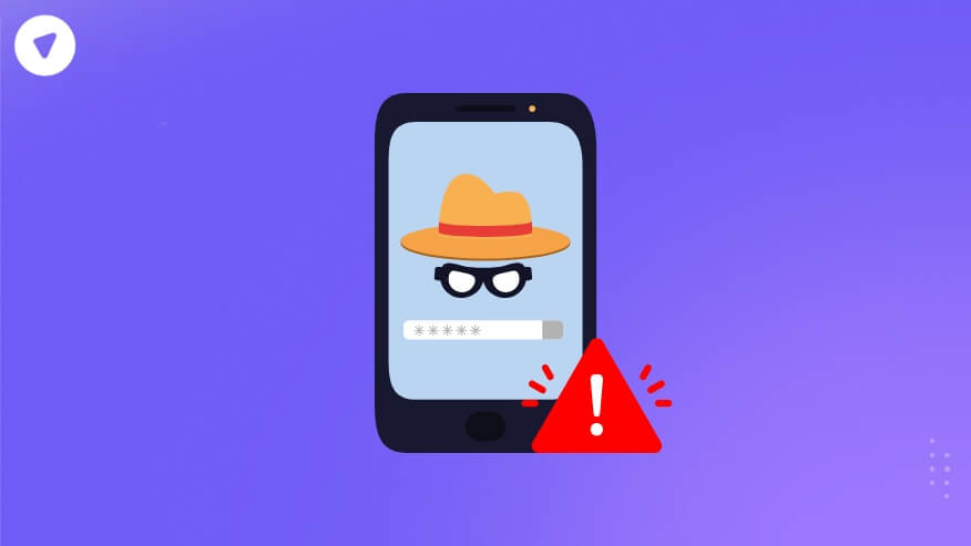 The image shows a smartphone with an illustration of a mysterious figure wearing a hat and glasses on the screen, along with a password entry field. A red warning triangle with an exclamation mark is also present, symbolizing a security threat or unauthorized access. The image conceptually represents cyber threats, hacking, or activities related to the dark web.