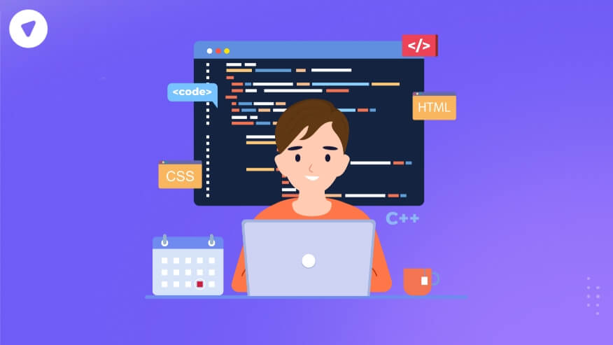 Illustration of a developer coding on a laptop, surrounded by HTML, CSS, and C++ tags, representing secure coding practices. A visual guide on "How Can You Prevent Viruses and Malicious Codes" through proper software development and secure coding techniques.