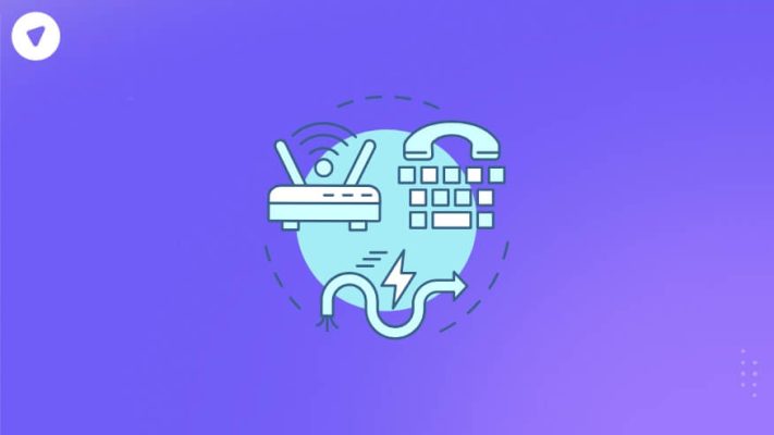 Illustration representing IP rotation with icons of a router, telephone, and ethernet cable on a blue-purple gradient background.