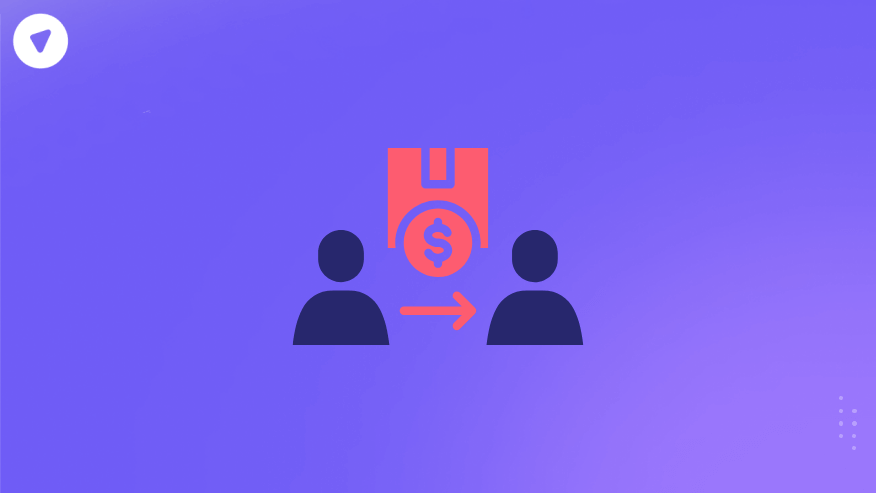 An illustration showing two users with a dollar symbol and arrow between them, representing a transaction, symbolizing a reseller panel concept.