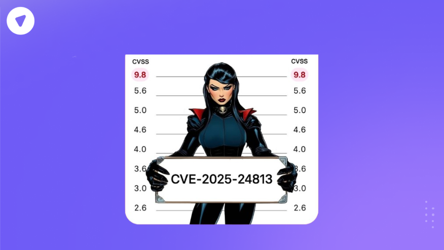 Illustration of a female character holding a sign that reads "CVE-2025-24813" with a CVSS score of 9.8, highlighting the severity of the CVE-2025-24813 vulnerability.