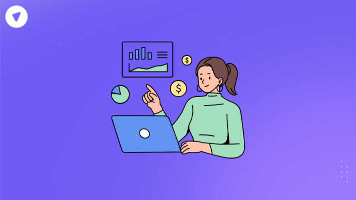 Illustration of a woman working on a laptop with data charts and dollar symbols around her, representing real-time analytics and financial tracking through a central management console.