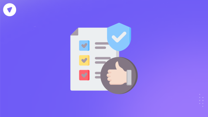 Illustration of a checklist with colored checkboxes, a security shield, and a thumbs-up icon representing a high quality governance and compliance framework.