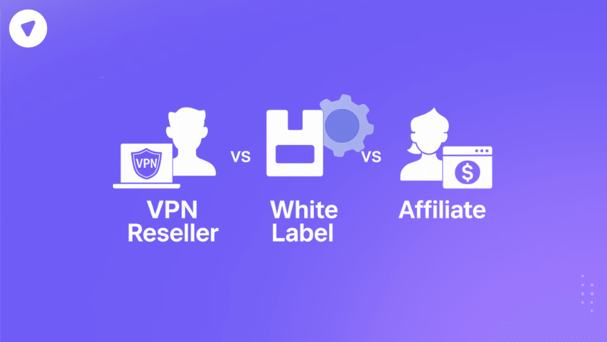 VPN reseller vs white label vs affiliate comparison graphic showing icons for each model—VPN Reseller with a shield and user, White Label with a gear and software icon, and Affiliate with a user and dollar sign—on a purple background.