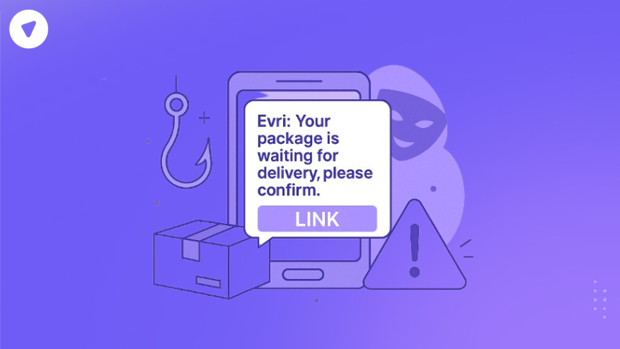 Illustration depicting an "Evri text scam" message on a smartphone, with a phishing hook, a masked scammer icon, a warning symbol, and a package box, highlighting the danger of fraudulent delivery confirmation links.