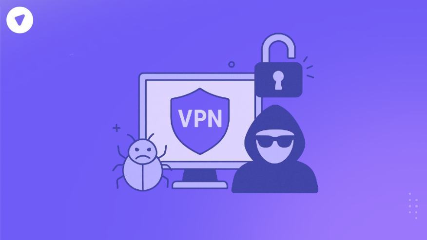 Illustration depicting VPN vulnerabilities, showing a computer with a VPN shield, a hacker icon, a sad bug, and an unlocked padlock symbolizing security risks.