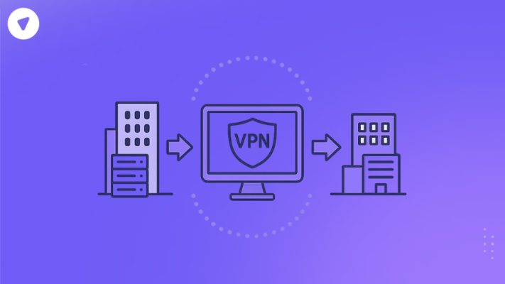 Illustration showing how to setup site to site VPN between two office networks using a secure connection through a central VPN server.