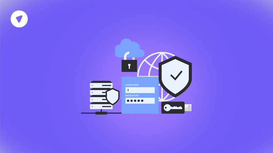 Illustration representing malware VPN protection, featuring login credentials, secure servers, encryption symbols, a shield, and a cloud lock icon.