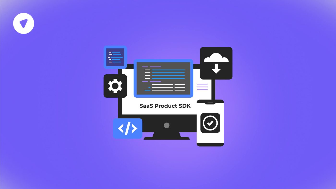 Illustration of a desktop and mobile interface with coding and cloud icons, representing the development of custom SDKs for VPNs on a purple background.