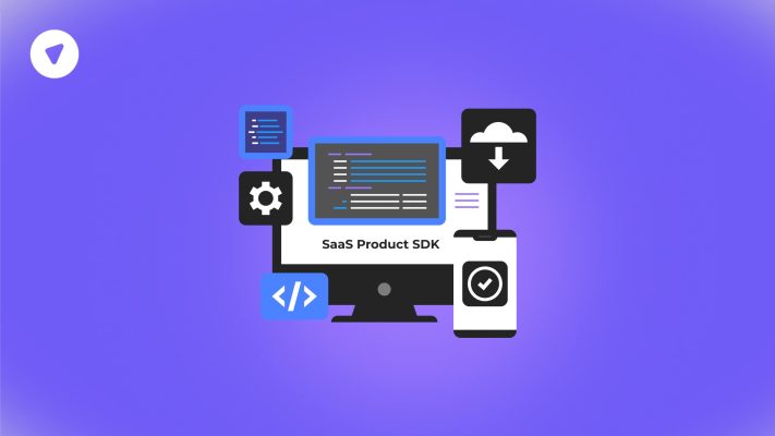 Illustration of a desktop and mobile interface with coding and cloud icons, representing the development of custom SDKs for VPNs on a purple background.