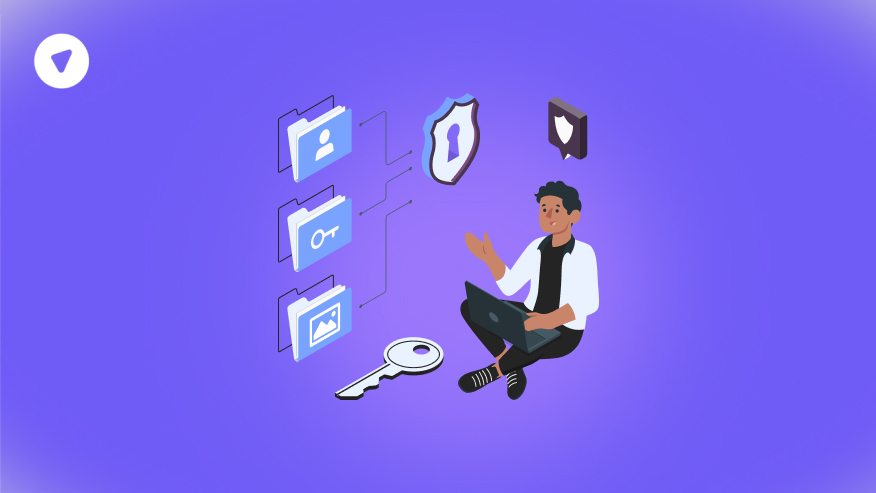 Illustration of a person using a laptop with secured folders and shield icons, representing VPN Gate-Client and data protection features.