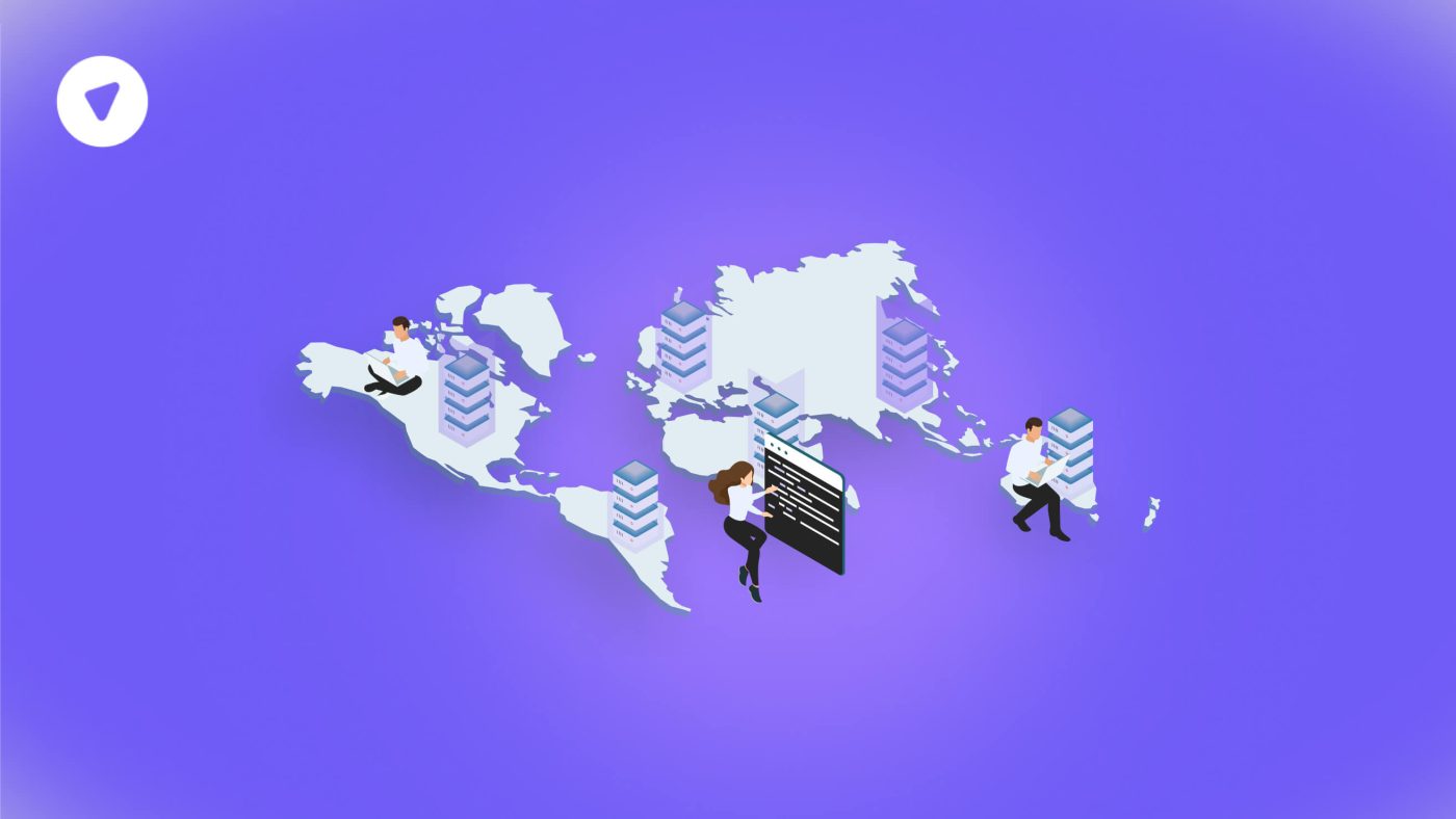 Illustration of a point to site VPN connecting remote users across a global map to centralized servers, symbolizing secure remote access.