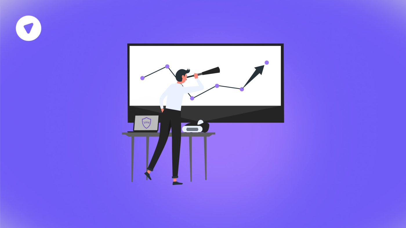 Illustration of a person analyzing a rising chart with a telescope, symbolizing VPN market trends and future growth insights for the industry.