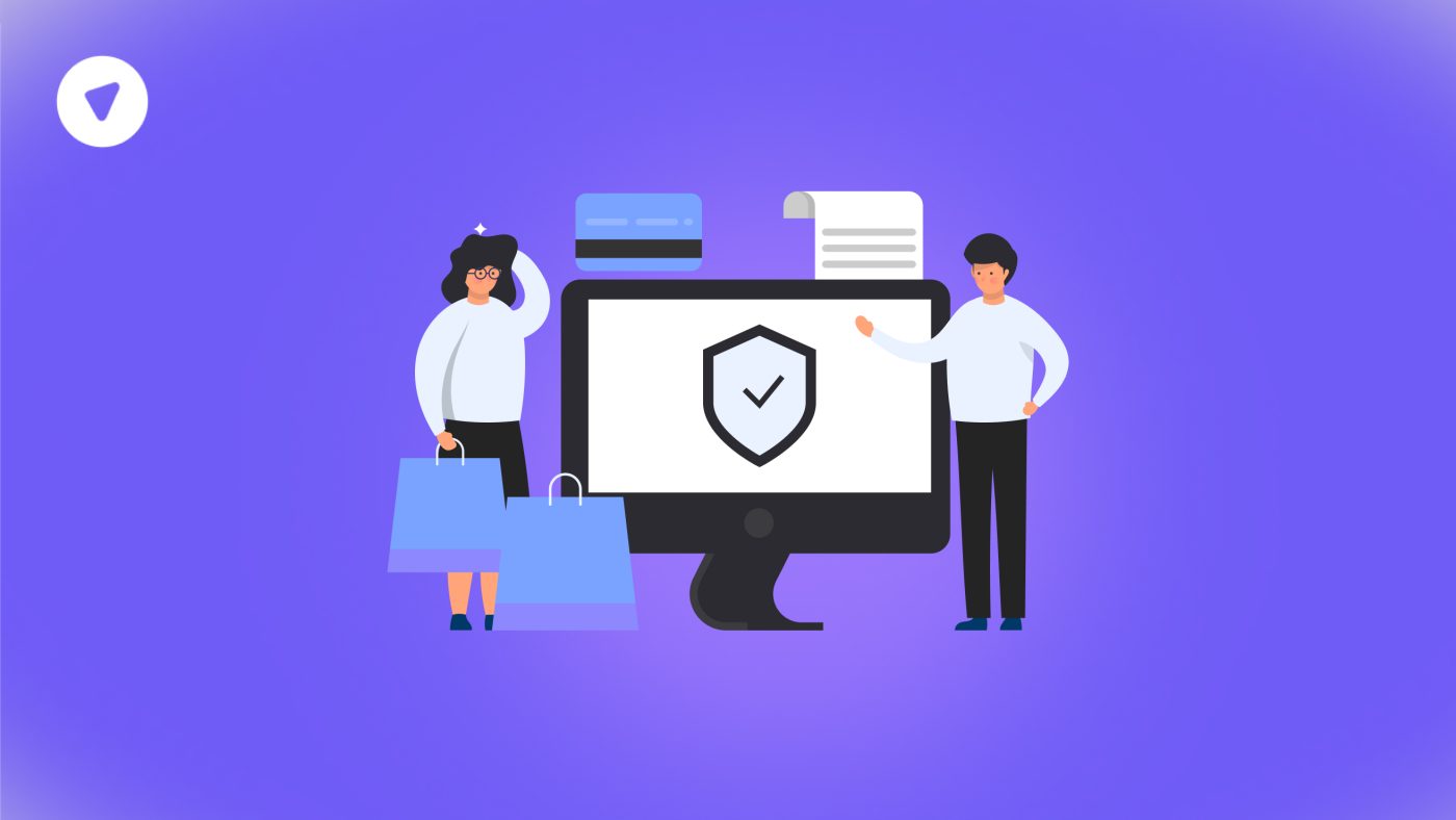 Illustration of cross selling VPN services showing customers shopping with a secure VPN icon on a desktop screen.