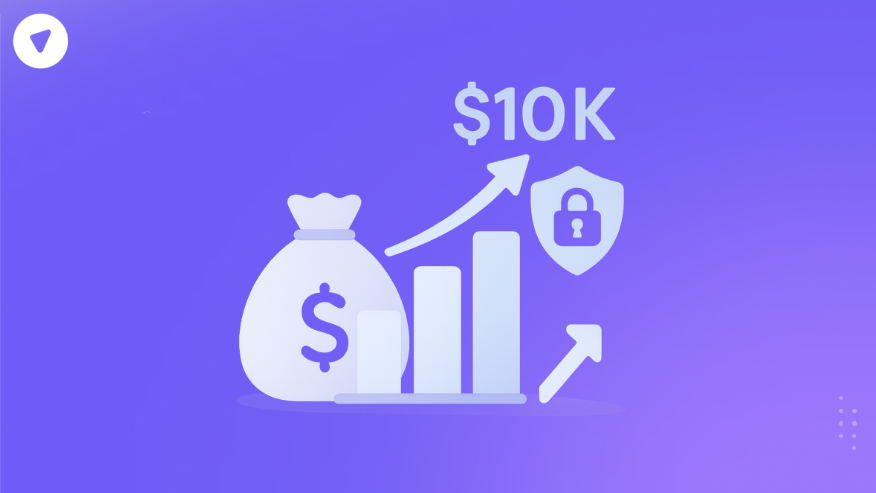 Illustration of a rising bar graph, dollar bag, and $10K label with a lock icon, symbolizing how to scale your VPN reseller business to higher earnings.