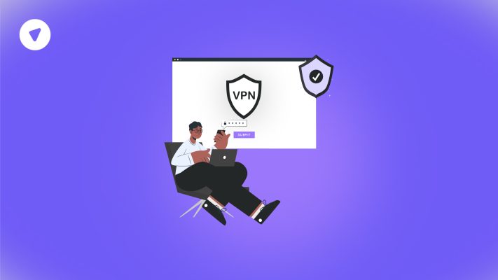Illustration of a user logging into a secure VPN interface, representing trust and protection in VPN subscription models, with shield icons and a login form.