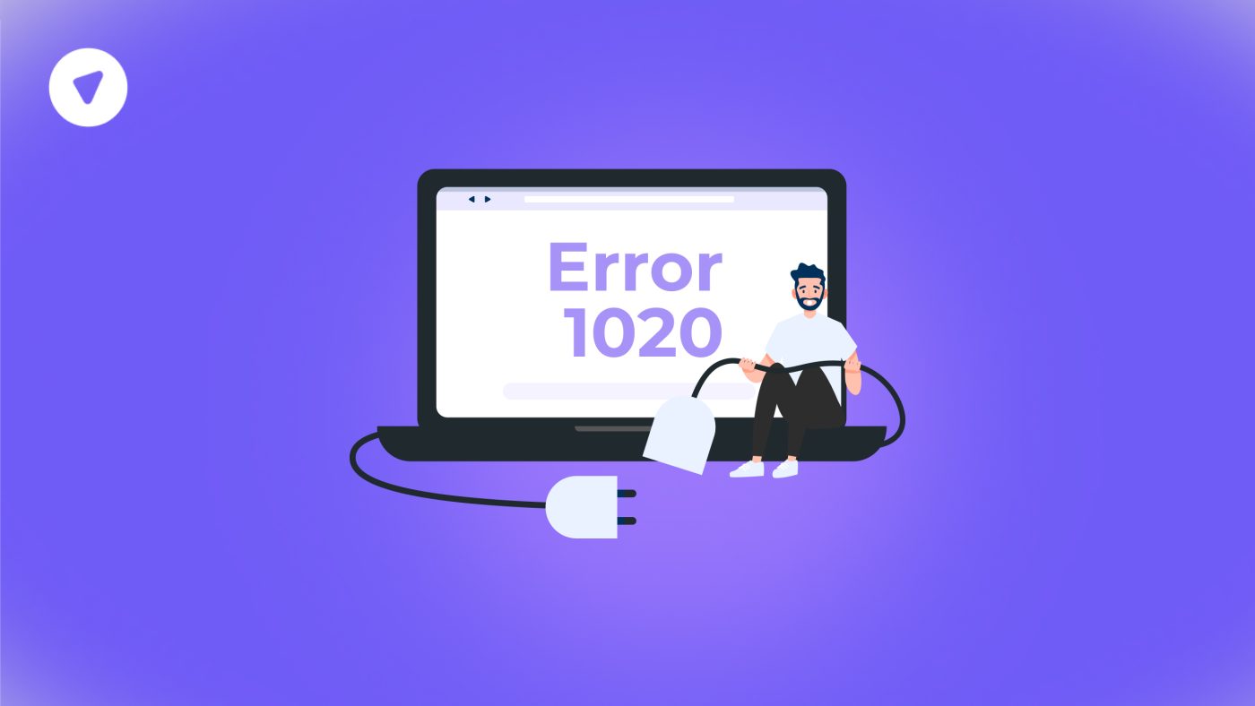 Illustration of a laptop screen displaying "Error 1020" with a person holding a disconnected power cord, symbolizing internet access denial due to Cloudflare error code 1020.