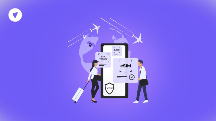 Illustration of international travelers using a smartphone with eSIM and VPN services, highlighting the importance of secure connectivity and global access for booking tickets and browsing safely while abroad.