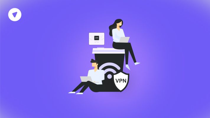 Illustration of two people using laptops with VPN and eSIM icons, symbolizing secure internet access in restricted regions—ideal for VPN for eSIM users.