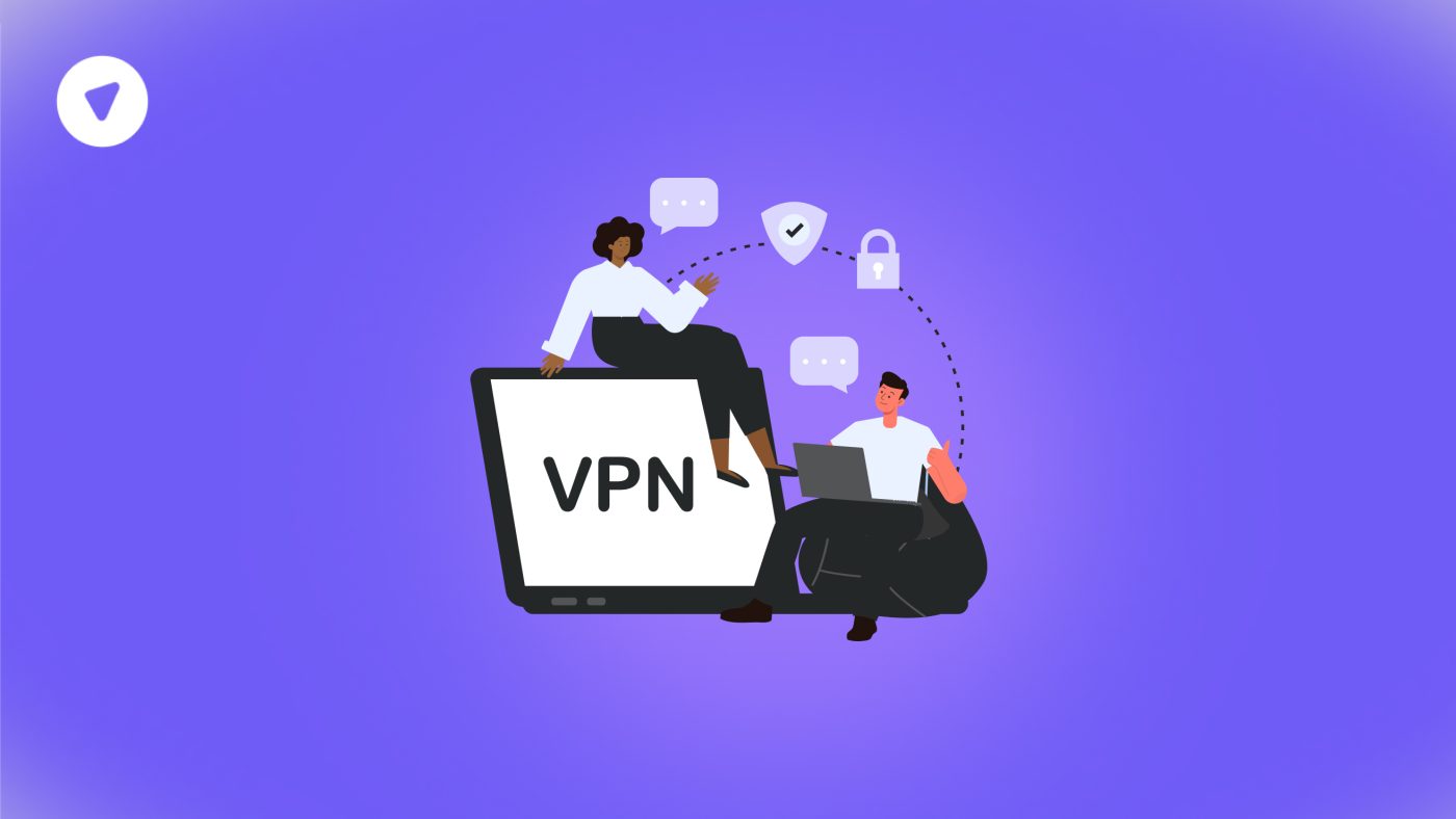 Illustration of two people communicating securely using a VPN, symbolizing secure internal communication through encrypted digital platforms.