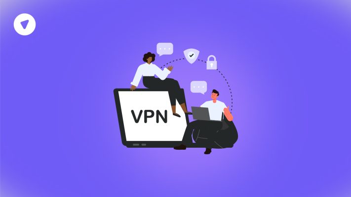 Illustration of two people communicating securely using a VPN, symbolizing secure internal communication through encrypted digital platforms.