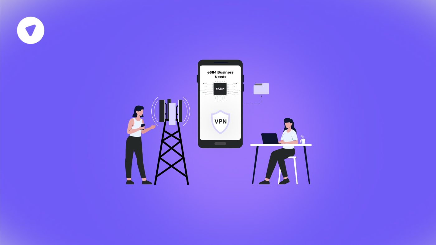 Illustration depicting two people interacting with mobile and network infrastructure, and a central smartphone showing VPN protection, highlighting the importance of VPN in secure eSIM business integration.
