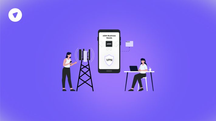 Illustration depicting two people interacting with mobile and network infrastructure, and a central smartphone showing VPN protection, highlighting the importance of VPN in secure eSIM business integration.