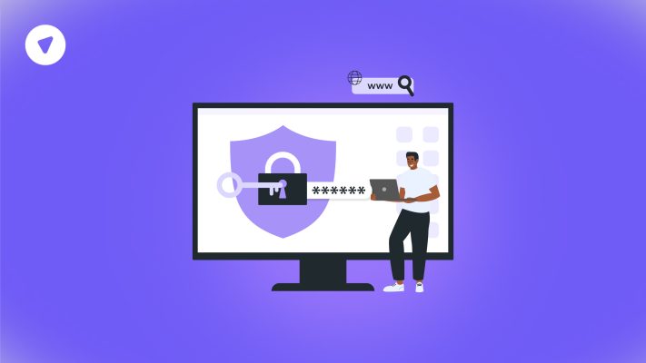 Illustration of a person using a laptop next to a giant lock and key on a computer screen, symbolizing network security amid Trump Administration cybersecurity funding cuts and growing reliance on private digital protection measures.