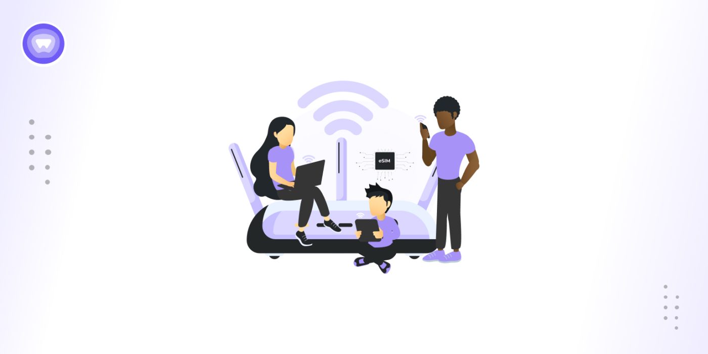 Illustration of a woman using her phone with an eSIM for IoT sale displayed on a large smartphone screen, symbolizing digital connectivity and convenience.