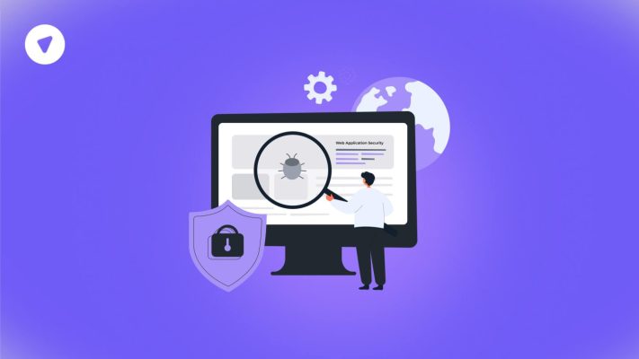 A person analyzing a computer screen for threats, with a bug under a magnifying glass, symbolizing web application security requirements.