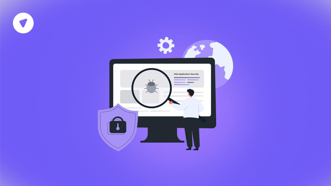 A person analyzing a computer screen for threats, with a bug under a magnifying glass, symbolizing web application security requirements.