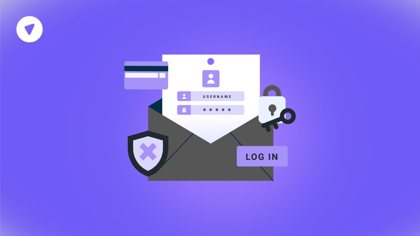 Illustration of email phishing concept with a login form, credit card, padlock, and shield icons, symbolizing online account security threats like SunPass toll services scam messages.