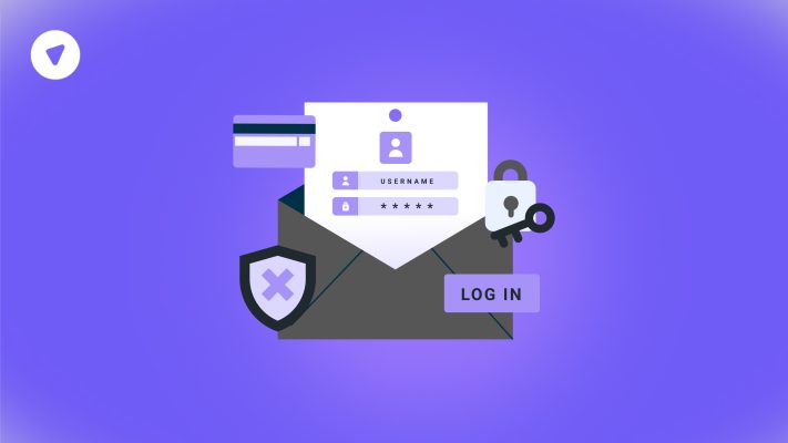 Illustration of email phishing concept with a login form, credit card, padlock, and shield icons, symbolizing online account security threats like SunPass toll services scam messages.