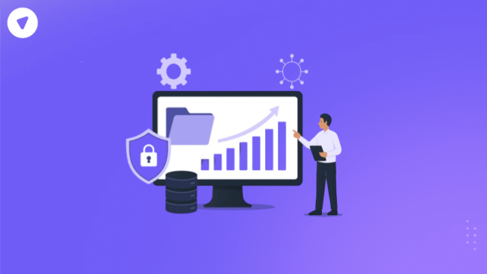 Illustration of a business professional analyzing a rising bar graph on a computer monitor, surrounded by icons representing secure storage and file access, symbolizing key data management principles like security and data growth.