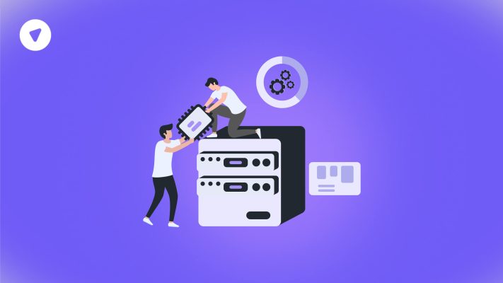 Illustration showing two people installing a server component with icons of gears and data boards, representing what is dedicated hosting IP and its setup process.