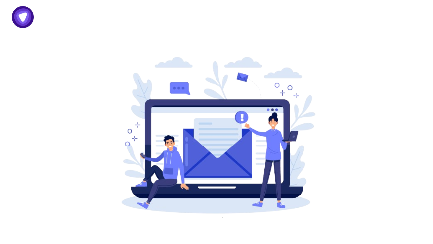 Illustration representing VPN reseller email automation tips, showing two people managing emails on a large laptop screen with envelopes and notifications.