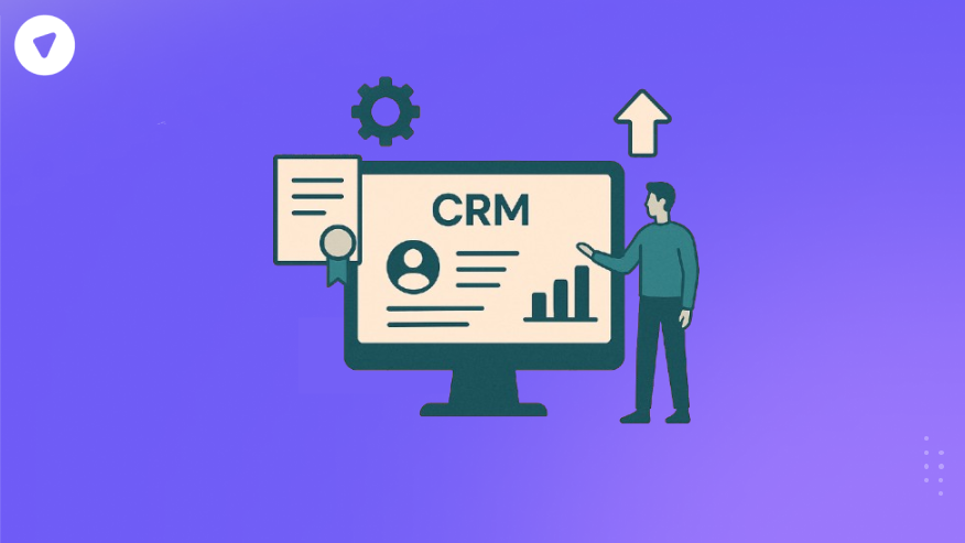 Minimalistic illustration showing a person interacting with a computer screen labeled CRM, surrounded by icons like a gear and an upward arrow, representing the concept of best white label CRM software solutions.