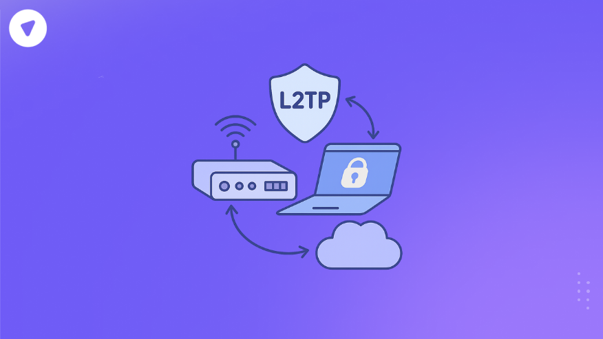 Diagram showing how to create L2TP VPN server with secure connection between router, laptop, and cloud using L2TP protocol.