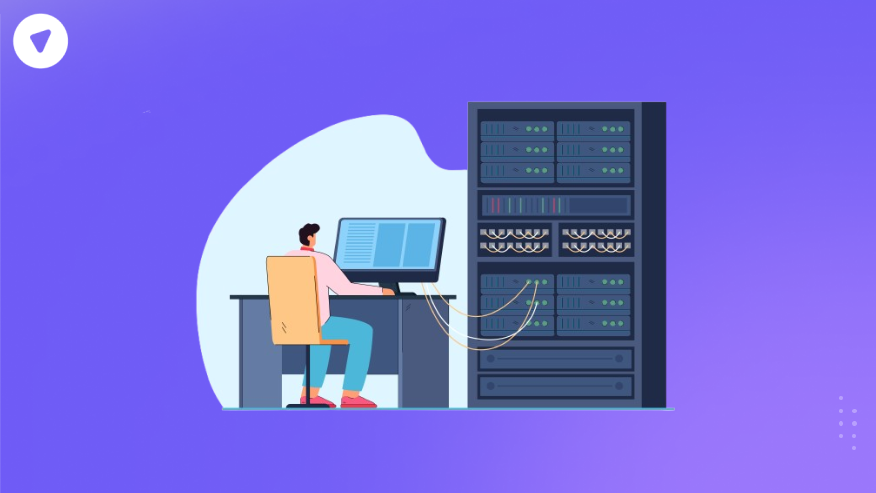 Illustration of a technician managing a server system, representing infrastructure setup for adaptive network control in VPN environments.