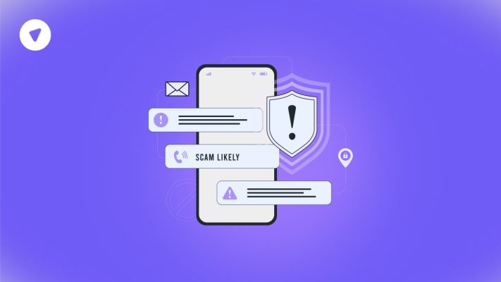Mobile phone showing scam alerts and protection icons against Pegasus Spyware Email threats.