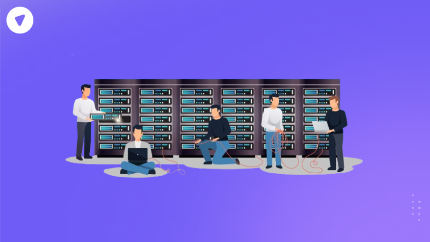 Illustration showing IT professionals managing servers, symbolizing efficient cloud managed data center services and infrastructure maintenance.