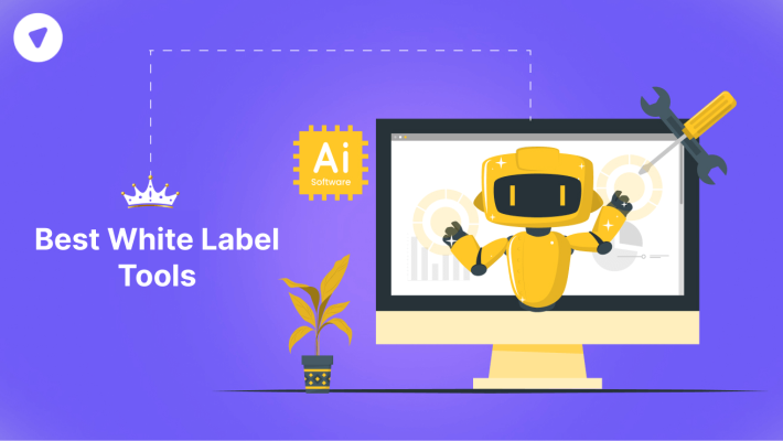 Best white label AI tools illustration showing a yellow robot on a computer screen with charts, symbolizing AI software customization and branding.