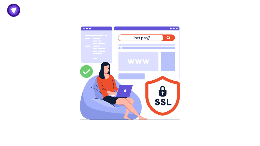 Illustration of a woman browsing securely with an SSL certificate symbol and HTTPS URL bar, highlighting how FQDN supports encrypted access.