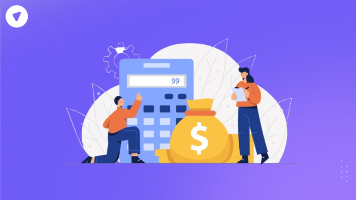 Illustration of two people using a calculator and money bag to plan costs, representing VPN TCO calculator for cost estimation.